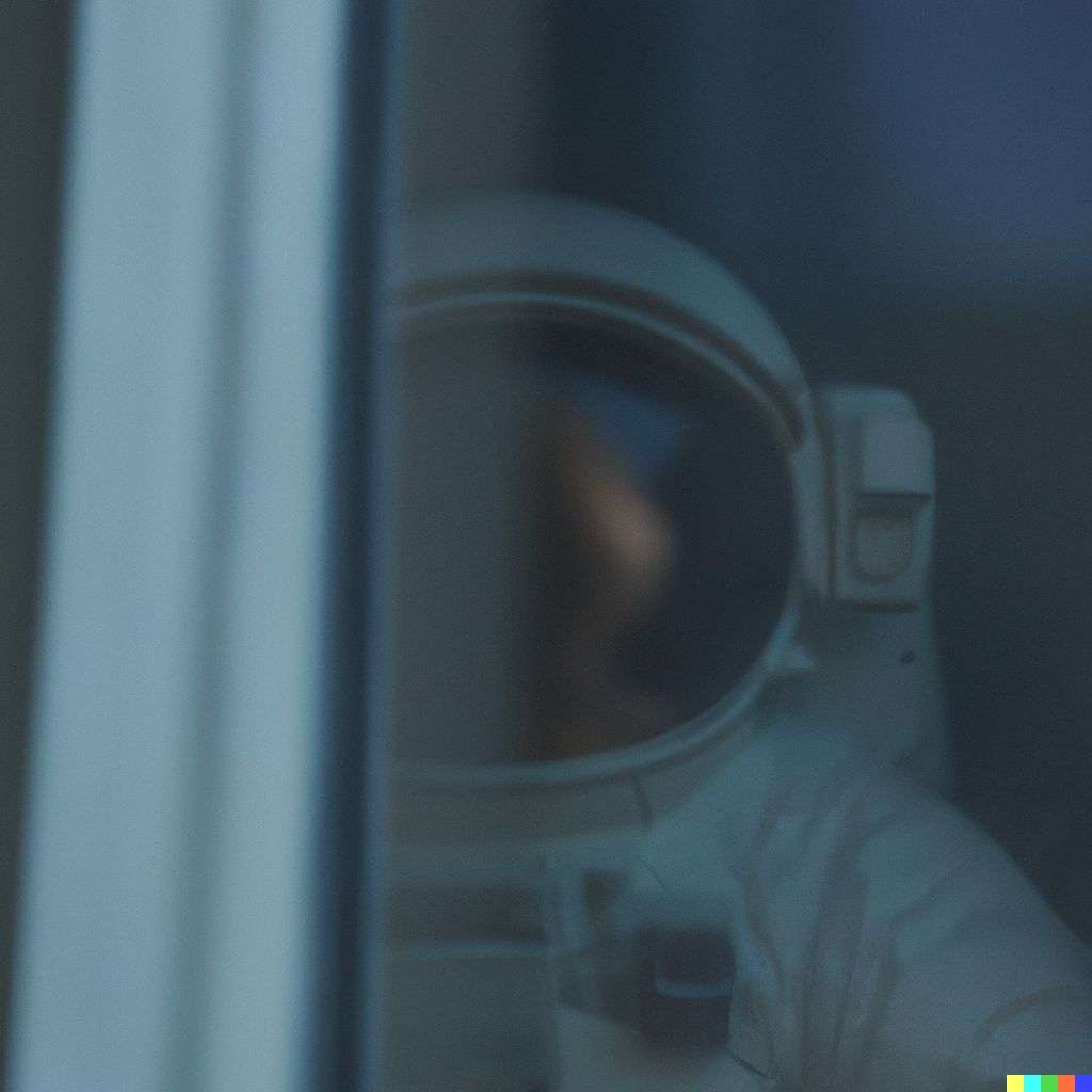 a photograph of an astronaut seen through a window